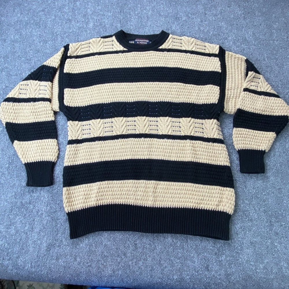 VTG 90s Roundtree & Yorke Sweater Mens M Stripe Knit Black Tan Retro‎ Streetwear